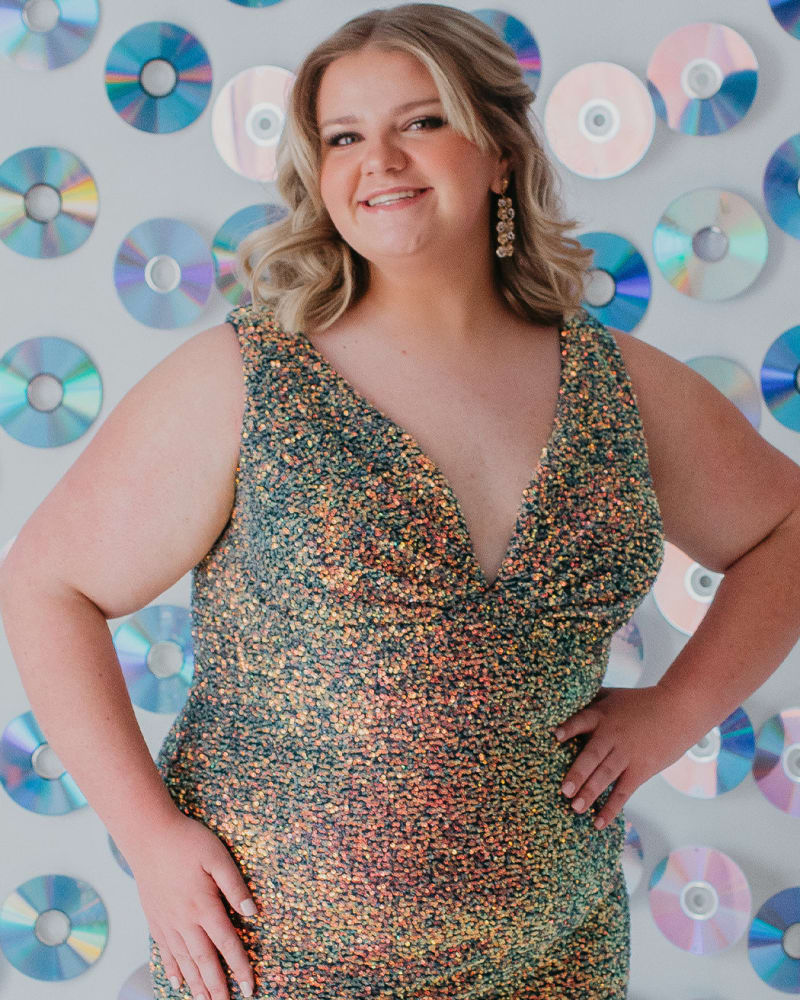 Side of a model wearing a size 24 Academy Awaits in Blue Blitz by Sydney's Closet. | dia_product_style_image_id:285771